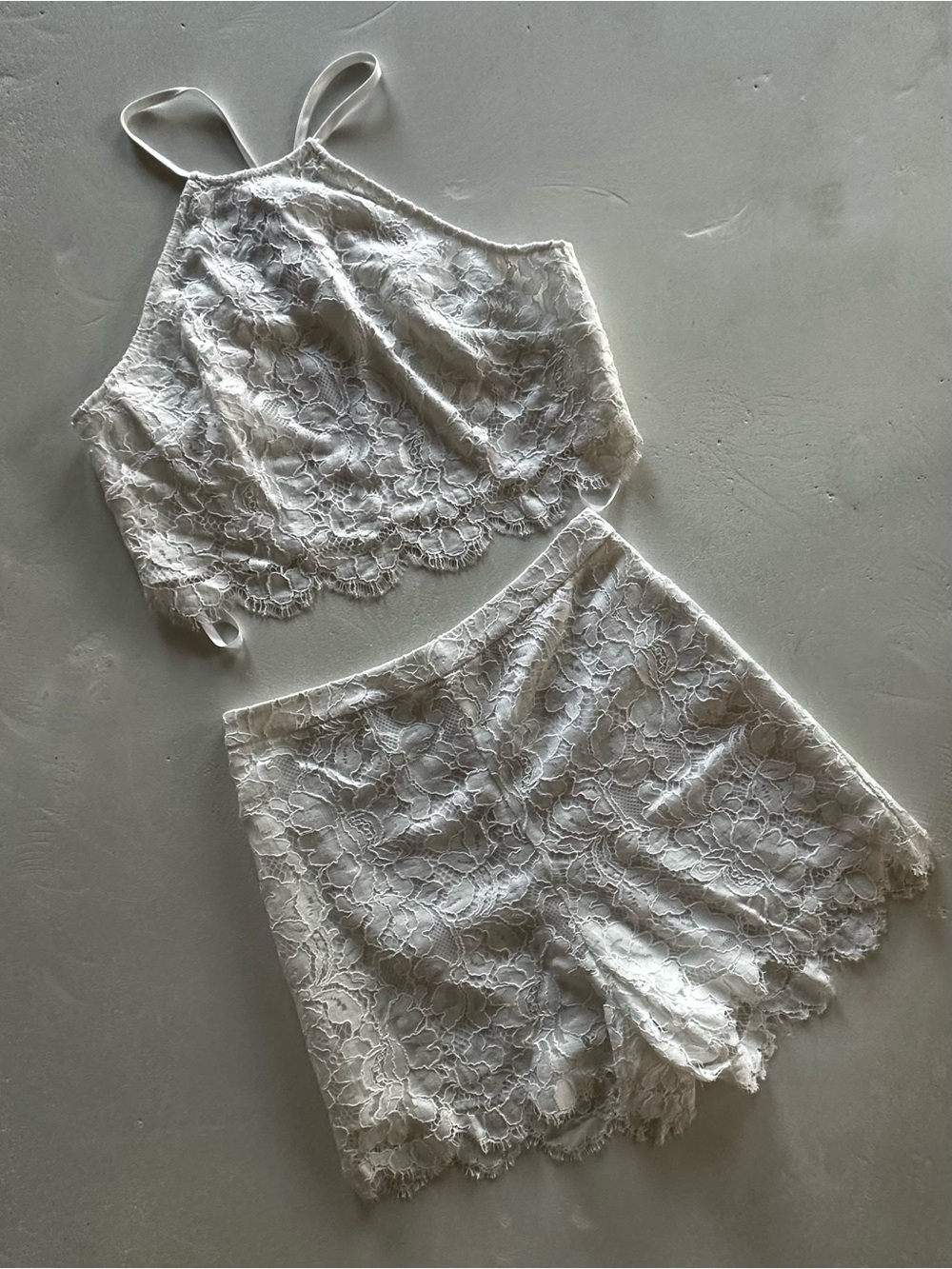 Authentic bebe White Lace Crop Cami and Shorts Set